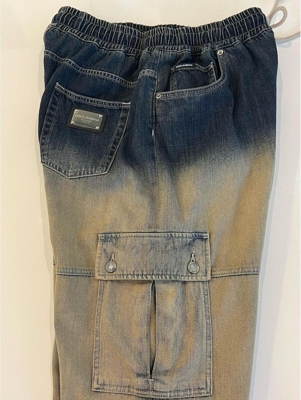 $1275 Dolce & Gabbana Washed Drawstring Cargo Beige/Dark Blue Jeans Size 52 - Picture 6 of 13